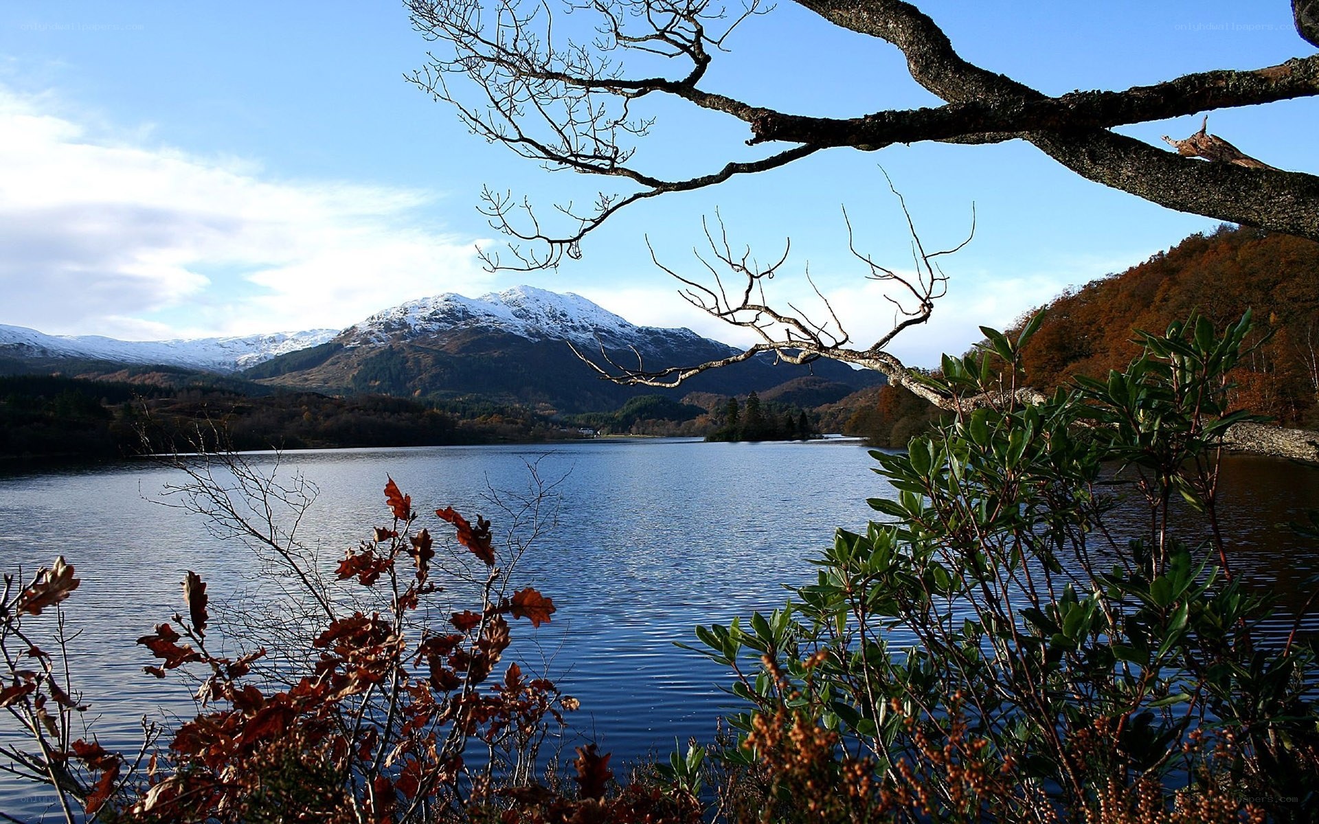 Lake with snow-capped mountains
