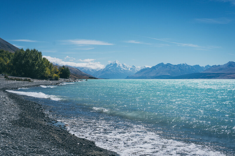 Lake with Snow-capped Mountains — Blue, Serene, Afternoon, Photograph, Trees