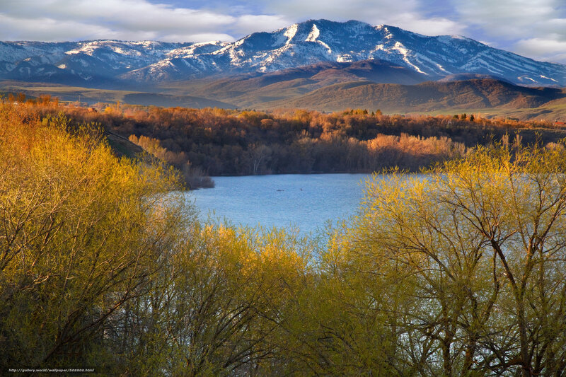 Lake with Snow-capped Mountains — Blue, Serene, Autumn, Photograph, Trees