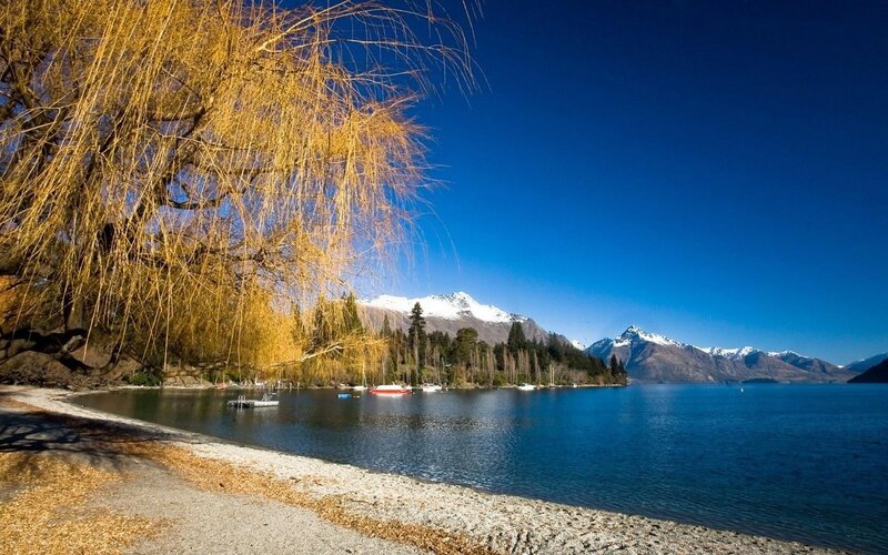 Lake with Snow-capped Mountains — Blue, Serene, Autumn