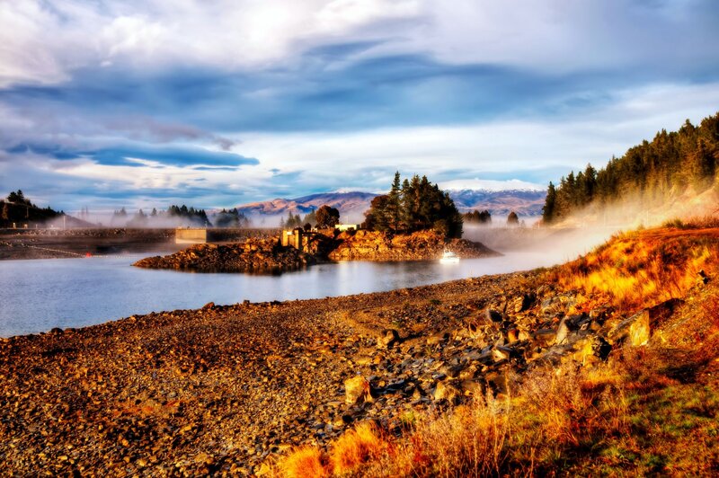Lake with Steam and Mountains
