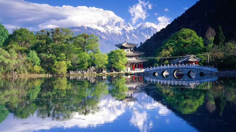Lake with temple and mountain view