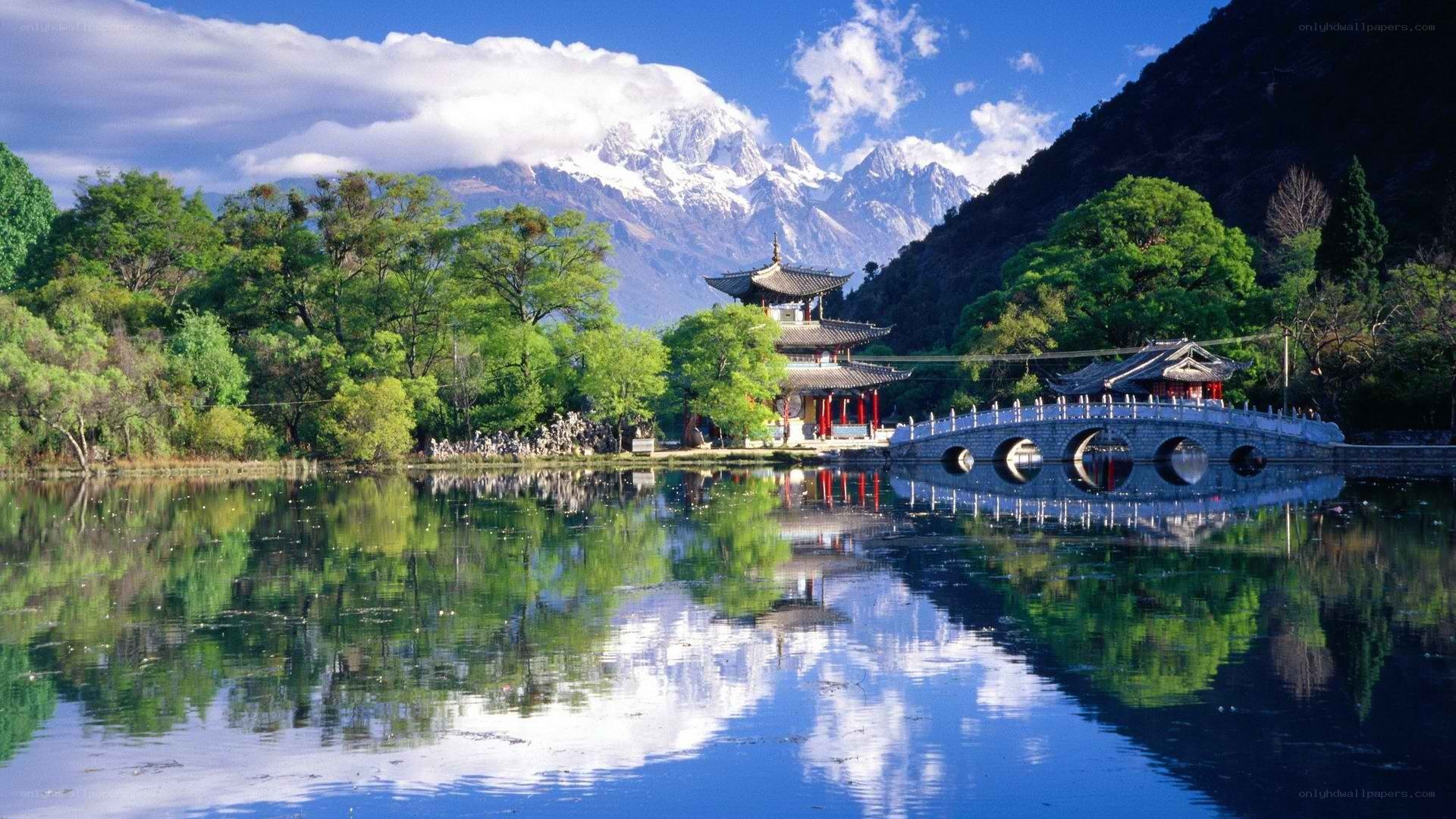 Lake with temple and mountain view