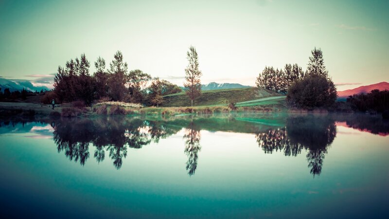 Lake with Tree Reflections — Blue, Serene, Sunset
