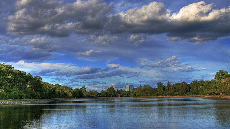 Lake with Trees and Building