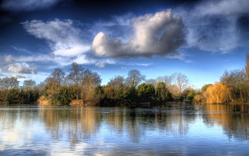 Lake with Trees and Clouds — Blue, Dramatic, Afternoon