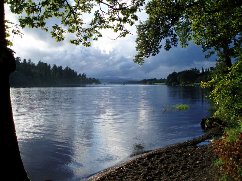 Lake with trees and cloudy sky