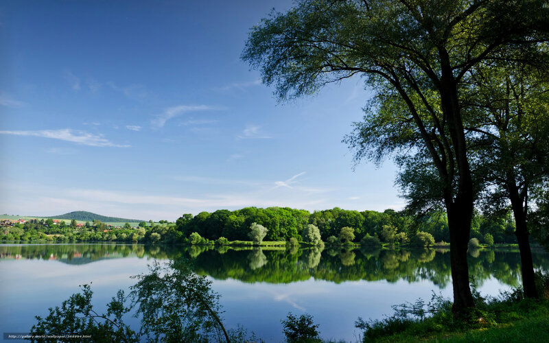 Lake with Trees and Hills — Blue, Serene