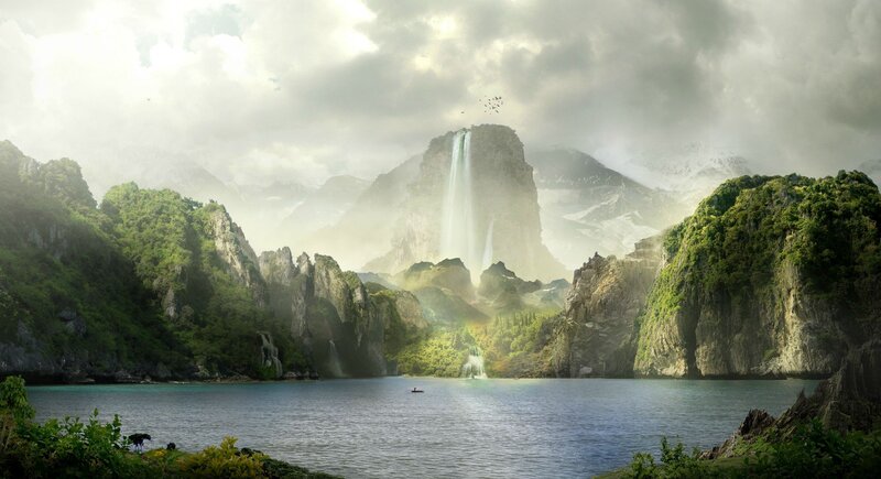 Lake with Waterfall — Green, Serene