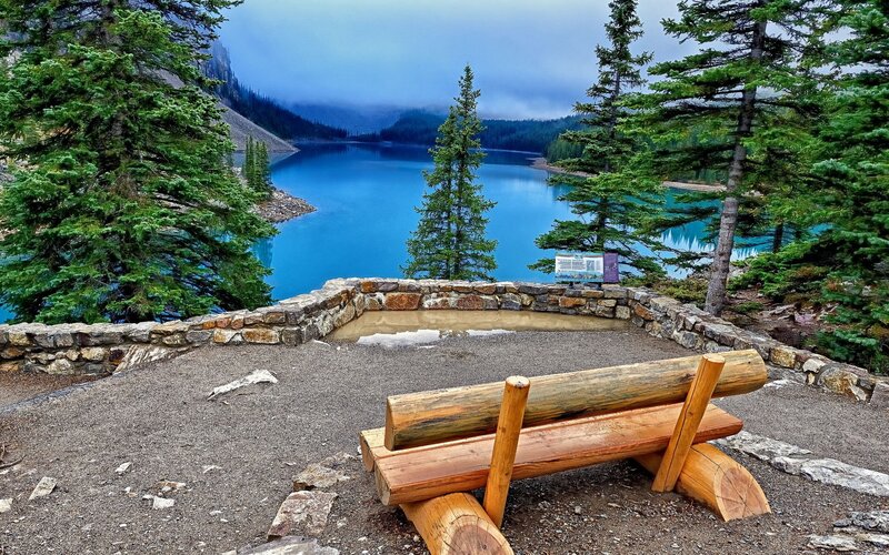 Lake with Wooden Bench — Blue, Serene