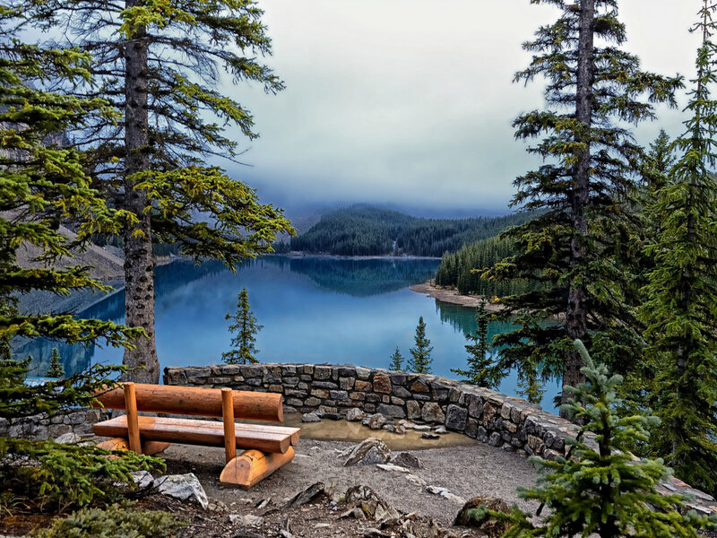 Lake with Wooden Bench — Blue