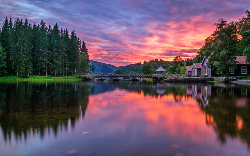 Lake with Wooden Bridge — Pink