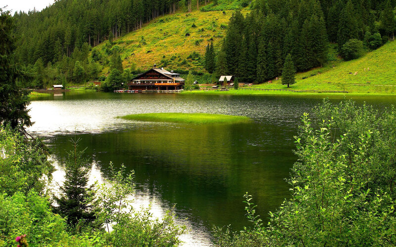 Lake with Wooden Cabin — Green, Serene