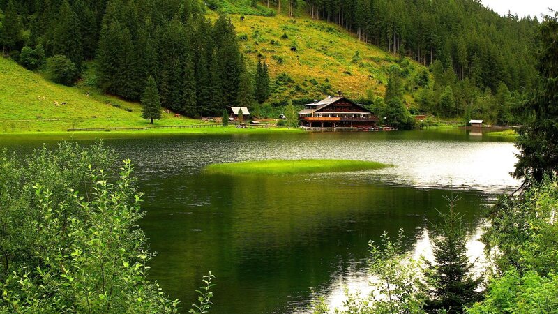 Lake with Wooden Cabin — Green