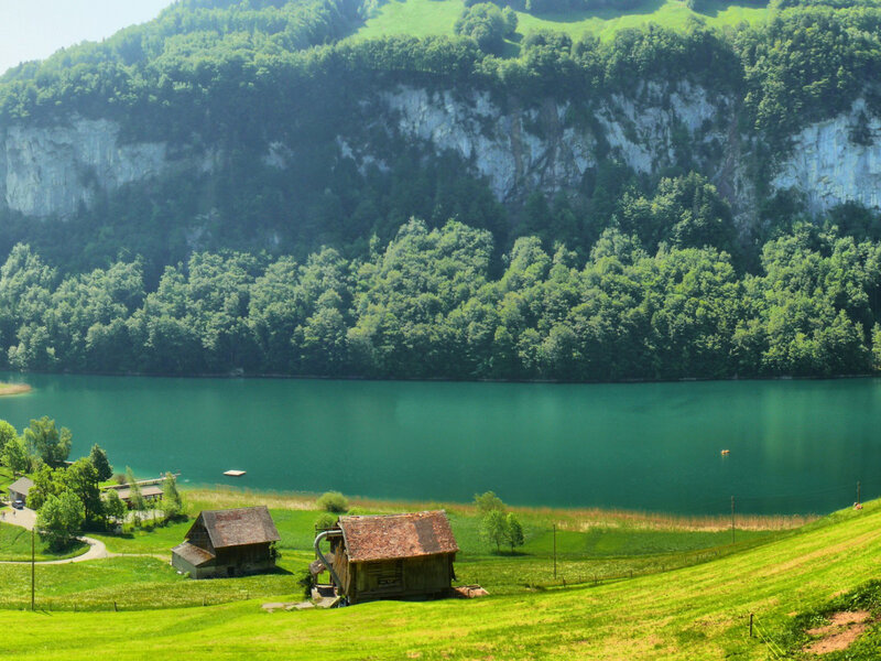 Lake with Wooden Cabins — Green