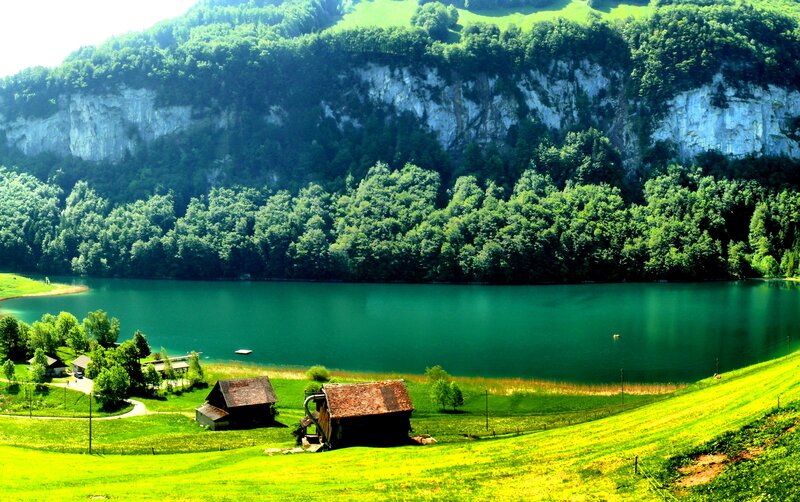 Lake with Wooden Cabins