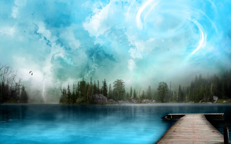 Lake with Wooden Dock — Blue, Dramatic, Digital Art, Trees
