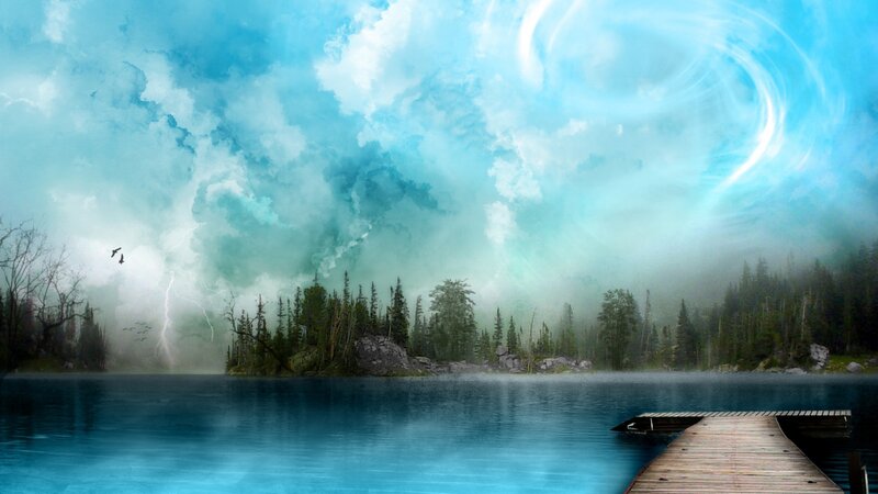 Lake with Wooden Dock — Blue, Dramatic