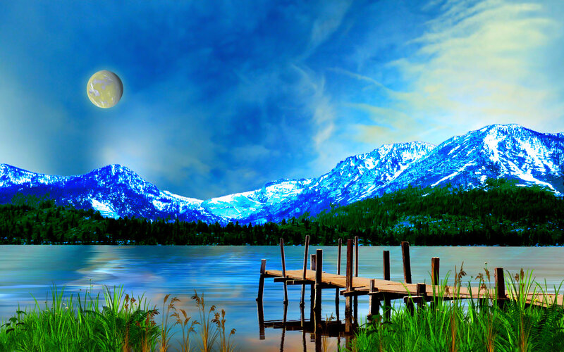 Lake with Wooden Dock — Blue, Serene, Night
