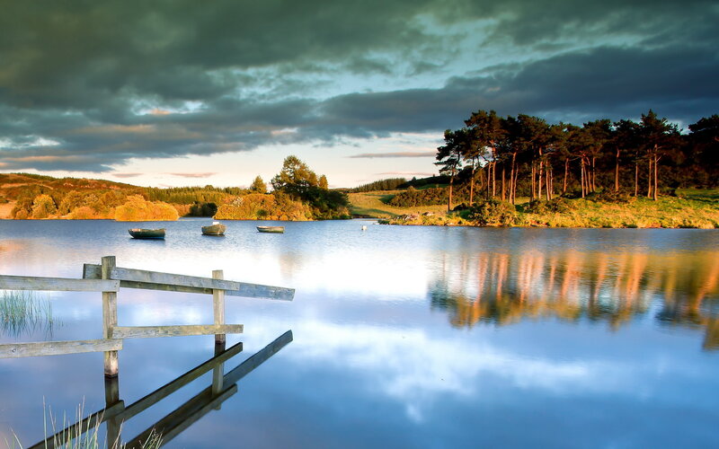 Lake with Wooden Dock — Blue, Serene, Sunset