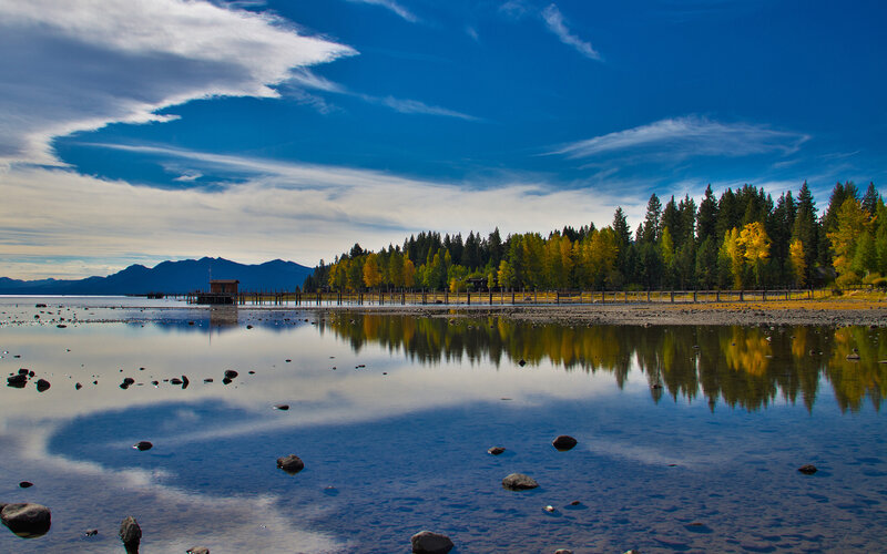 Lake with Wooden Dock — Blue, Serene