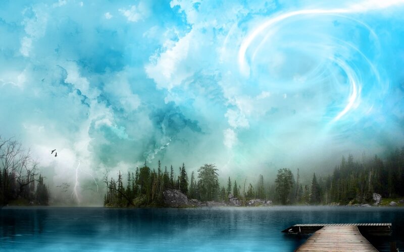 Lake with Wooden Dock — Blue