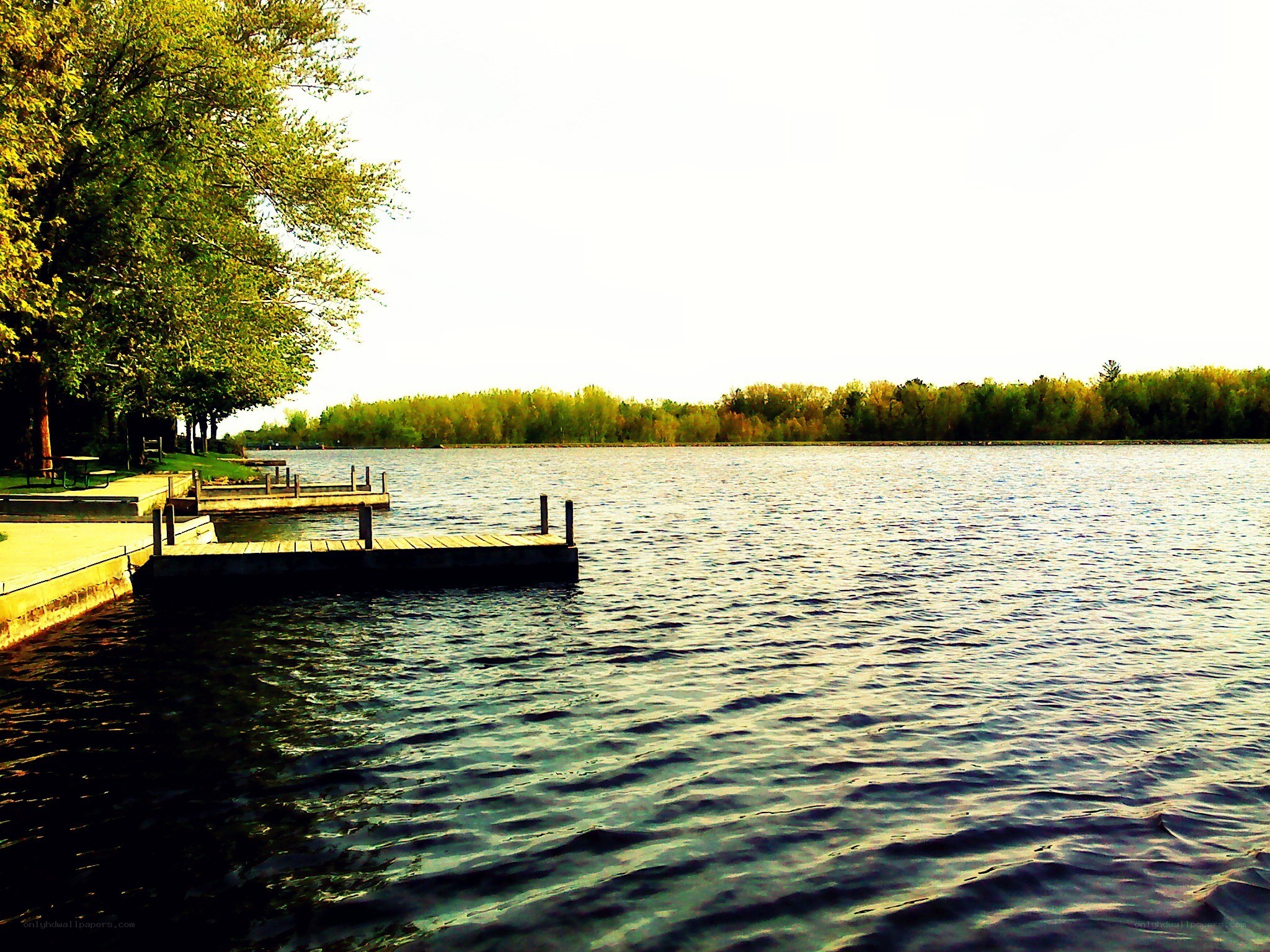 Lake with wooden docks