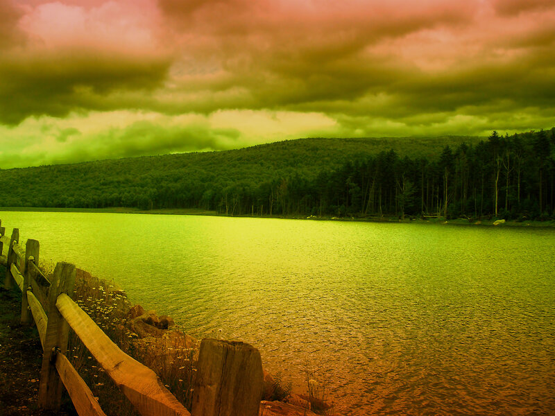 Lake with Wooden Fence — Green, Dramatic
