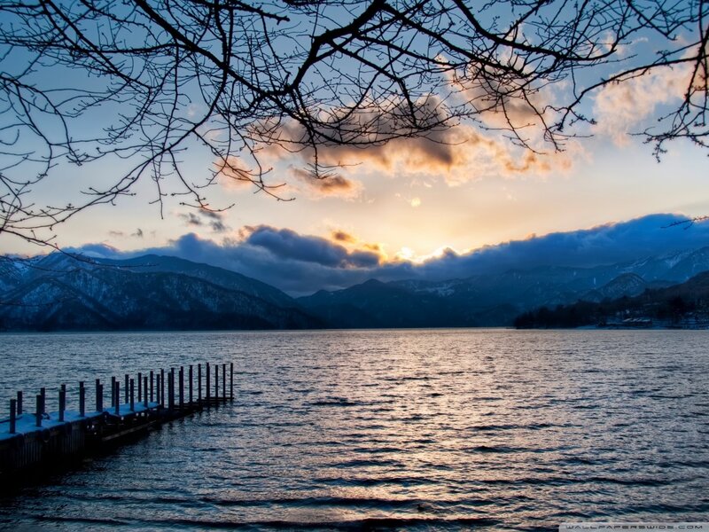 Lake with Wooden Pier — Blue, Serene, Sunset