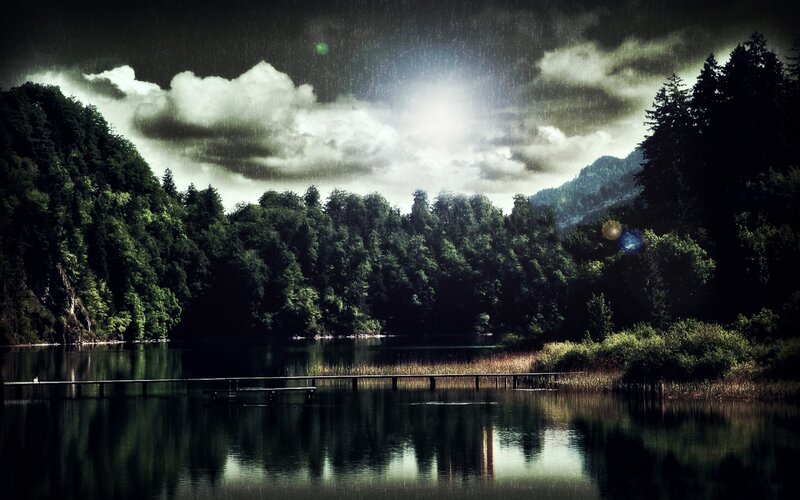 Lake with Wooden Pier — Green, Dramatic, Night