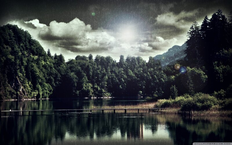 Lake with Wooden Pier — Green, Dramatic