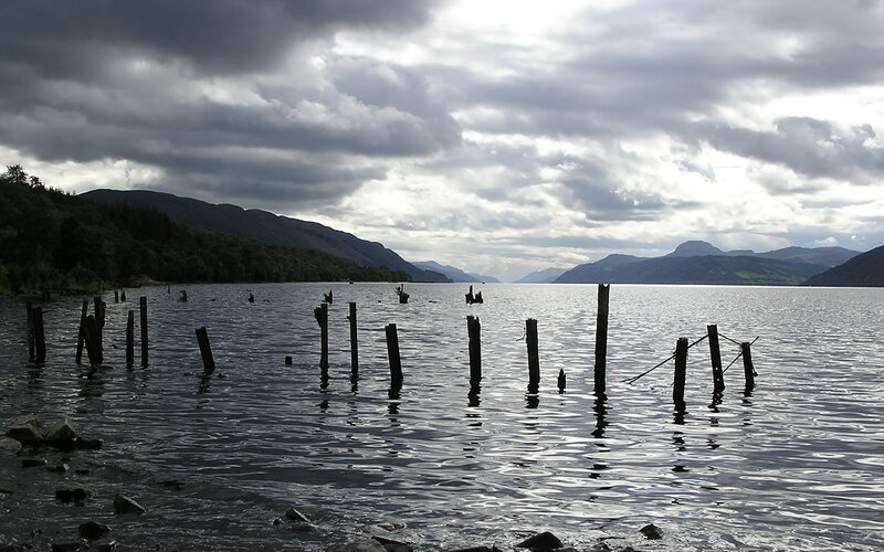 Lake with wooden posts