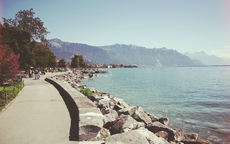 Lakefront Path with Mountains — Blue