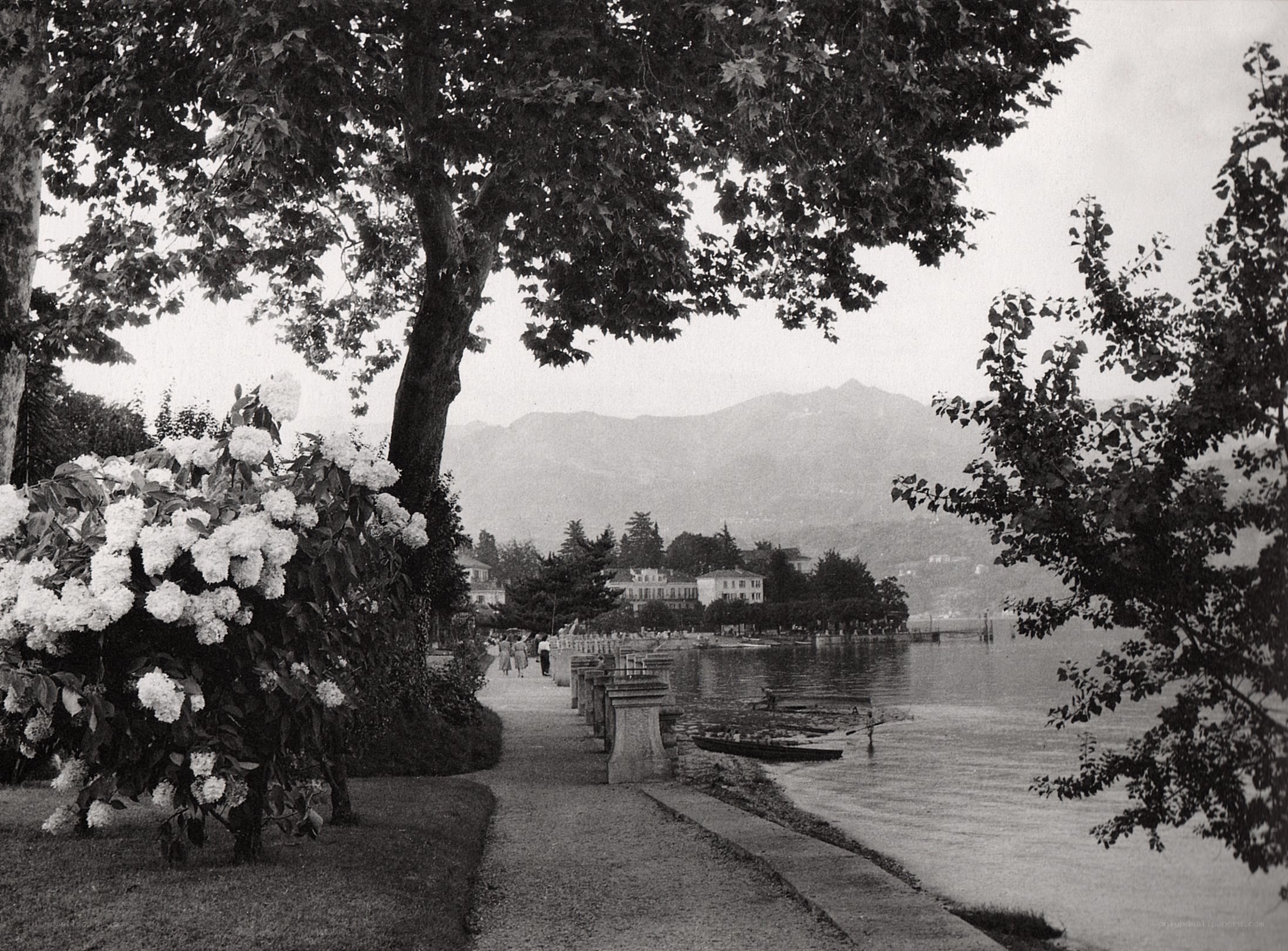 Lakefront path with mountains