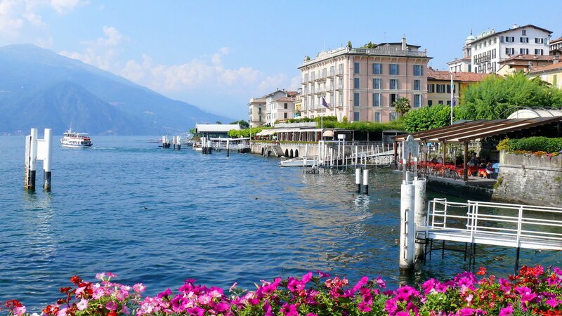Lakefront Town with Boats — Blue