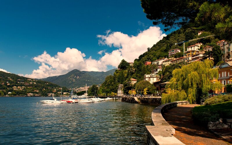 Lakefront Town with Boats