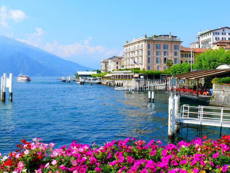 Lakefront Town with Flowers