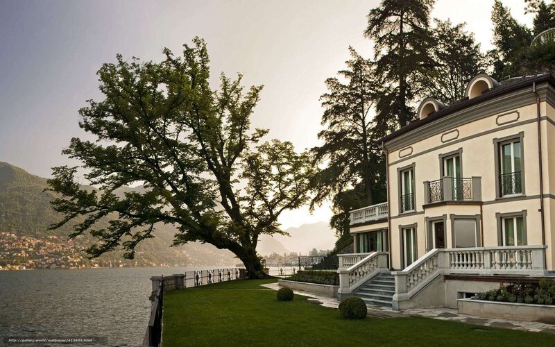 Lakefront villa with tree