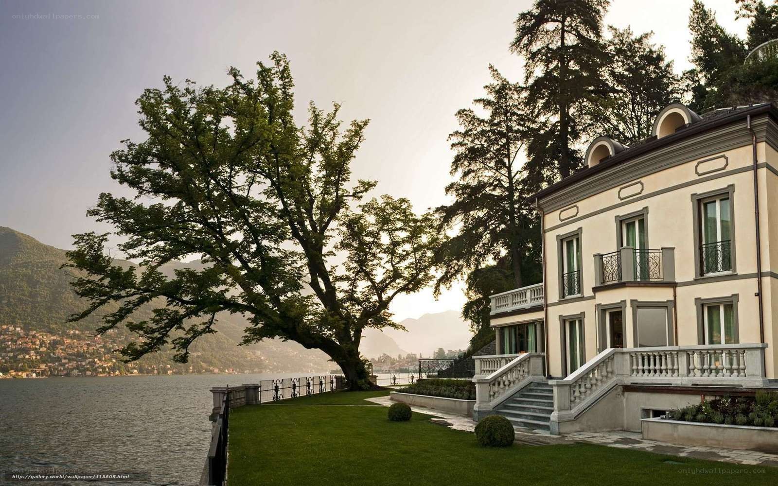 Lakefront villa with tree