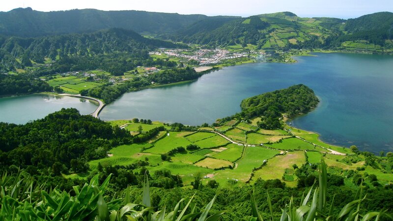 Lakes and green hills of Azores