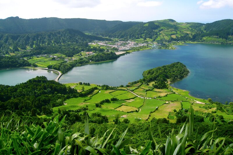 Lakes and green hills of Azores
