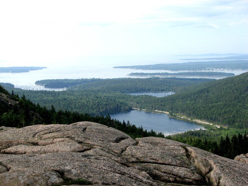 Lakes and ocean view from rocky hill