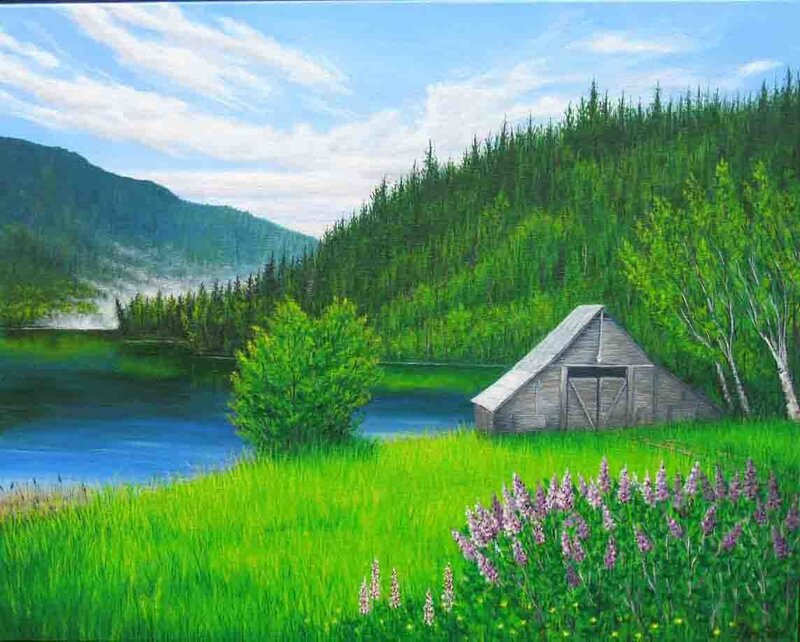 Lakeside cabin in forest