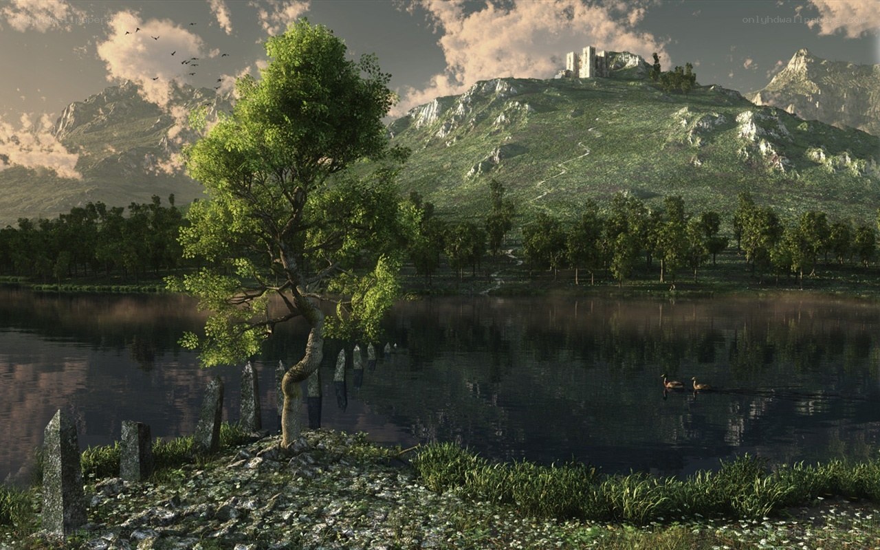 Lakeside castle in mountainous landscape