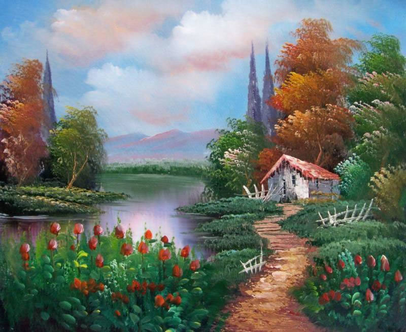 Lakeside cottage in autumn
