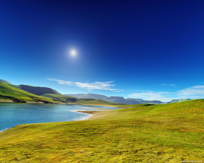 Lakeside landscape under clear sky