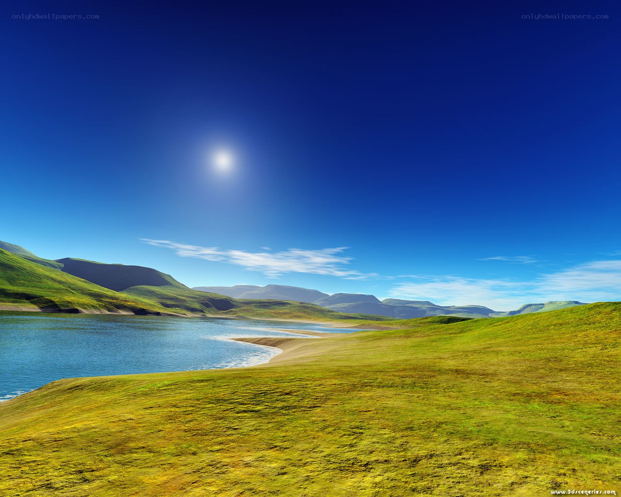 Lakeside landscape under clear sky