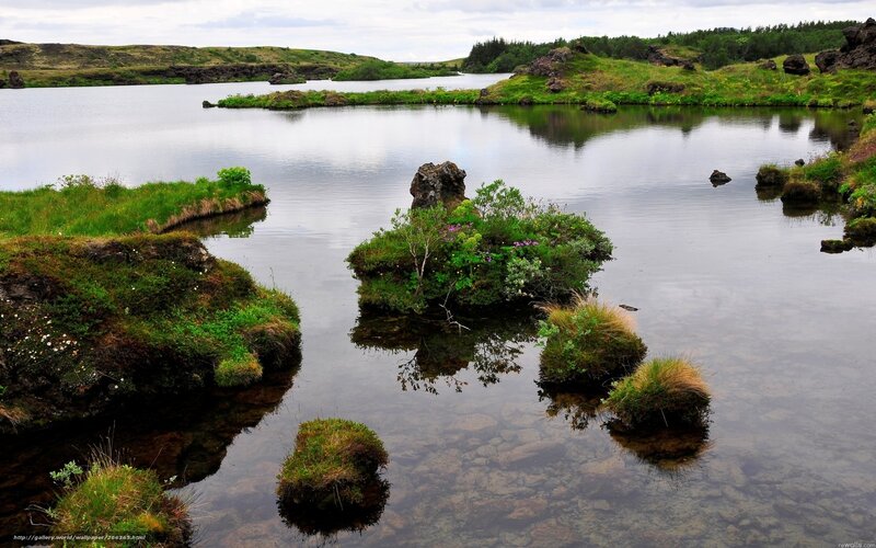 Lakeside landscape with mossy rocks