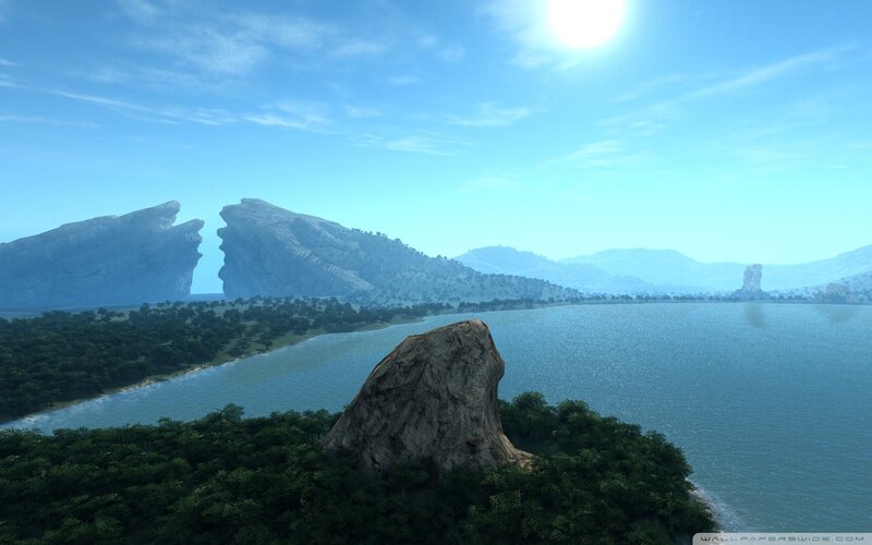Lakeside landscape with rock formations