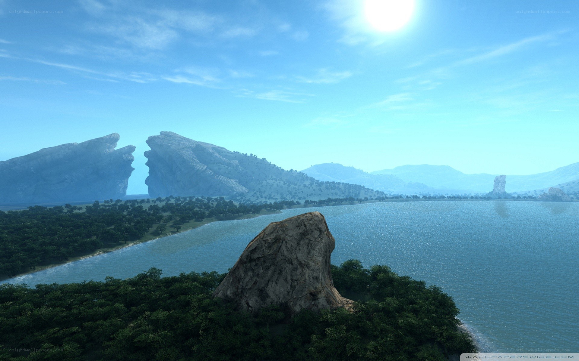 Lakeside landscape with rock formations